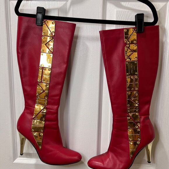 Vintage Red Leather Knee-High Boots with Gold Metal Accent Strip Statement Heels - Picture 1 of 10